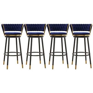 OSBELE Draaibare barkrukken op toonhoogte set van 4 met geweven achterkant voor keuken, moderne fluwelen barkrukken gestoffeerde comfortabele eilandstoelen met voetsteun voor bar/eetkamer, blauw