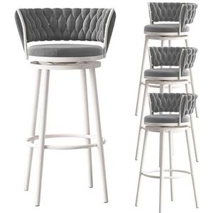 OSBELE Draaibare barkruk stoelen set van 4, 75cm fluweel gestoffeerde tegenkrukken met geweven rug en wit metalen frame, grijs