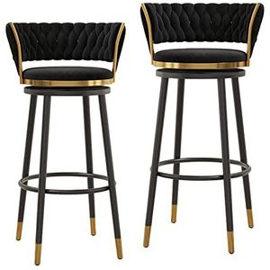 OSBELE Set van 2 draaibare barkrukken, fluwelen barkrukken op toonhoogte, moderne keukeneilandkrukken met lage rug, metalen poten en voetsteun, comfortabele krukken, stoelen voor eetkamer, café, zwart