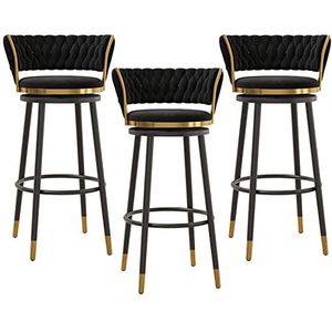 OSBELE Set van 3 draaibare barkrukken, fluwelen barkrukken op toonhoogte, moderne keukeneilandkrukken met lage rug, metalen poten en voetsteun, comfortabele krukken, stoelen voor eetkamer, café, zwart