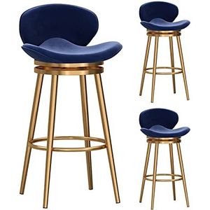 KUENCE Draaibare barkrukken, set van 3, fluwelen barkrukken, barkrukken, barstoelen, keukeneilandkrukken met lage rug, stevige metalen poten, hoge stoelen voor eiland, aanrecht, blauw