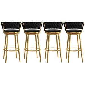 KUENCE Draaibare barkrukken set van 4 tegenkrukken moderne fluwelen barkrukken stoelen barkrukken met geweven rug/voetsteun voor keukeneiland/eetkamer/thuisbar, gouden basis, zwart