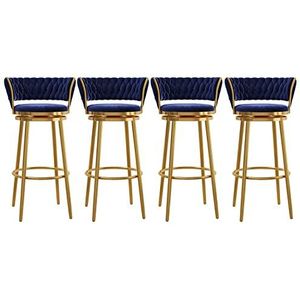 KUENCE Draaibare barkrukken set van 4 tegenkrukken moderne fluwelen barkrukken stoelen barkrukken met geweven rug/voetsteun voor keukeneiland/eetkamer/thuisbar, gouden basis, blauw