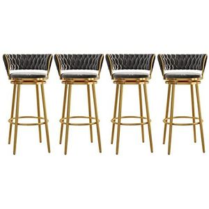 KUENCE Draaibare barkrukken set van 4 tegenkrukken moderne fluwelen barkrukken stoelen barkrukken met geweven rug/voetsteun voor keukeneiland/eetkamer/thuisbar, gouden basis, grijs