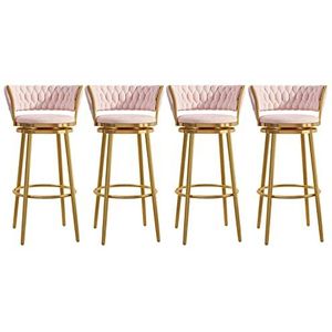 KUENCE Draaibare barkrukken set van 4 tegenkrukken moderne fluwelen barkrukken stoelen barkrukken met geweven rug/voetsteun voor keukeneiland/eetkamer/thuisbar, gouden basis, roze