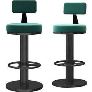 KUENCE Fluwelen barkrukken set van 2 moderne lage rug krukken draaibaar met rugleuning en voetsteun barkrukken met zwarte metalen bas voor thuis keuken stoelen, in hoogte verstelbaar 65-80 cm, groen