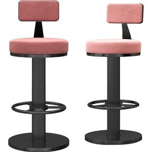 KUENCE Fluwelen barkrukken set van 2 moderne lage rug krukken draaibaar met rugleuning en voetsteun barkrukken met zwarte metalen bas voor thuis keuken stoelen, in hoogte verstelbaar 65-80 cm, roze