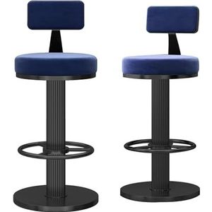 KUENCE Fluwelen barkrukken set van 2 moderne lage rug krukken draaibaar met rugleuning en voetsteun barkrukken met zwarte metalen bas voor thuis keuken stoelen, in hoogte verstelbaar 65-80 cm, blauw