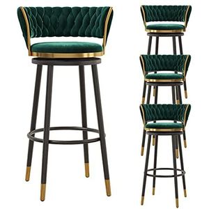 KUENCE Swivel Groene Barkrukken Set van 4 Fluwelen Gestoffeerde Barkrukken met Geweven Terug Moderne Counter Krukken Stoelen voor Eetkamer/Thuis Bar/Keuken, Zithoogte 75cm