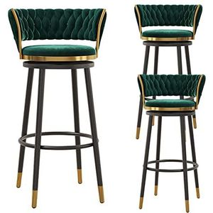 KUENCE Draaibare Groene Barkrukken Set van 3 Fluwelen Gestoffeerde Barkrukken met Geweven Terug Moderne Counter Krukken Stoelen voor Eetkamer/Thuis Bar/Keuken, Zithoogte 65cm