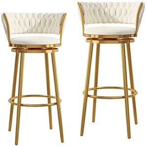 KUENCE Draaibare barkrukken stoelen set van 2 tegenkrukken moderne fluwelen barkrukken met geweven achterkant voor keukeneiland/eetkamer/thuisbar, gouden basis, wit