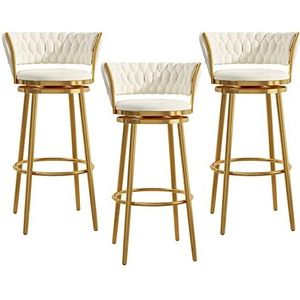 KUENCE Draaibare barkrukken stoelen set van 3 tegenkrukken moderne fluwelen barkrukken met geweven achterkant voor keukeneiland/eetkamer/thuisbar, gouden basis, wit