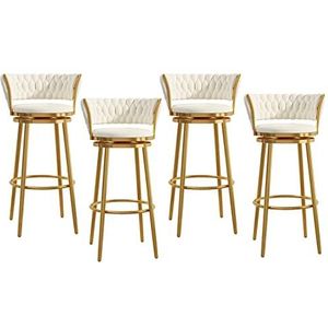 KUENCE Draaibare barkrukken stoelen set van 4 tegenkrukken moderne fluwelen barkrukken met geweven achterkant voor keukeneiland/eetkamer/thuisbar, gouden basis, wit