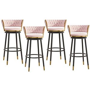 KUENCE Barkrukken set van 4, moderne 360° draaibare barkrukken op toonhoogte, fluwelen geweven barkrukken met rugleuningen, metalen poten, hoge keukenstoelen voor pub, café, bar, roze