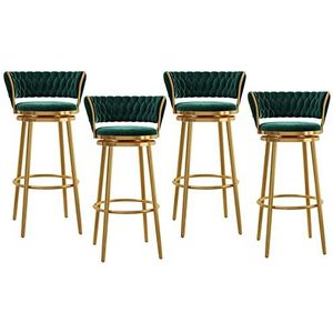 KUENCE Draaibare barkrukken, set van 4, moderne barkrukken met geweven rugleuning, fluwelen gestoffeerde stoel met lage rugleuning voor keuken, ontbijteiland, groen