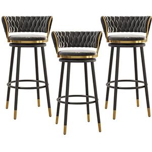 KUENCE Fluwelen barkrukken, 3-delige set, barkrukken met geweven rugleuning, 360° draaibare kruk, keukenbarstoel met gouden voetsteun voor pub, keuken, café, eetkamer, grijs