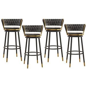 KUENCE Fluwelen barkrukken, set van 4, barkrukken op toonhoogte met geweven rugleuning, 360° draaibare kruk, keukenbarstoel met gouden voetsteun voor pub, keuken, café, eetkamer, grijs