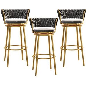 KUENCE Fluwelen barkrukken, 3-delige set, barkrukken met geweven rugleuning, 360° draaibare kruk, keukenbarstoel met gouden voetsteun voor pub, keuken, café, eetkamer, grijs