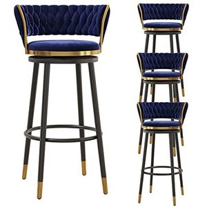 KUENCE Draaibare barkrukken set van 4 fluwelen barkruk op toonhoogte barkruk moderne keuken barkrukken stoelen met geweven lage rug voor eetkamer/pub, zwart, blauw
