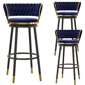 KUENCE Draaibare barkrukken set van 3 fluwelen barkruk op toonhoogte barkruk moderne keuken barkrukken stoelen met geweven lage rug voor eetkamer/pub, zwart, blauw