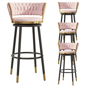 KUENCE Draaibare barkrukken set van 4 fluwelen barkruk op toonhoogte barkruk moderne keuken barkrukken stoelen met geweven lage rug voor eetkamer/pub, zwart, roze