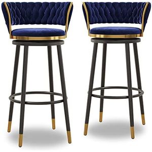 KUENCE Draaibare barkrukken set van 2 fluwelen barkruk op toonhoogte barkruk moderne keuken barkrukken stoelen met geweven lage rug voor eetkamer/pub, zwart, blauw