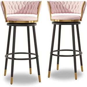 KUENCE Moderne fluwelen draaibare barkrukken set van 2, eetkamerstoel op toonhoogte, comfortabele keukeneilandbarkrukken met gouden basis en geweven rugleuning, voor bar, thuis, café, lounges, roze