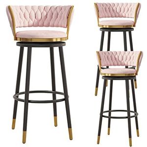 KUENCE Moderne fluwelen draaibare barkrukken set van 3, eetkamerstoel op toonhoogte, comfortabele keukeneilandbarkrukken met gouden basis en geweven rugleuning, voor bar, thuis, café, lounges, roze