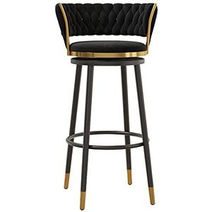 KUENCE Fluwelen draaibare barkrukken set van 1, moderne krukken stoelen met geweven rugleuning, barstoelen op toonhoogte met voetsteun voor keuken, café, eetkamerstoelen, zwart