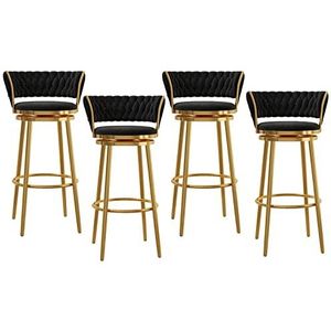 KUENCE Fluwelen draaibare barkrukken set van 4, moderne krukken stoelen met geweven rugleuning, barstoelen op toonhoogte met voetsteun voor keuken, café, eetkamerstoelen, zwart
