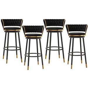 KUENCE Fluwelen draaibare barkrukken set van 4, moderne krukken stoelen met geweven rugleuning, barstoelen op toonhoogte met voetsteun voor keuken, café, eetkamerstoelen, zwart