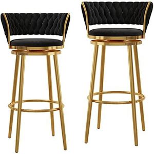 KUENCE Fluwelen draaibare barkrukken set van 2, moderne krukken stoelen met geweven rugleuning, barstoelen op toonhoogte met voetsteun voor keuken, café, eetkamerstoelen, zwart