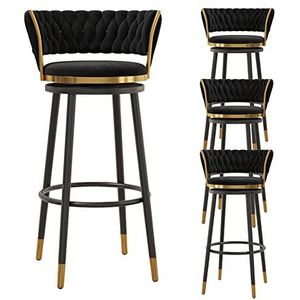 KUENCE Moderne draaibare barkrukken set van 4, fluweel geweven barkrukken met lage rug keuken eiland bar stoel met metalen basis, zwart