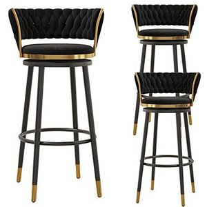 KUENCE Moderne draaibare barkrukken set van 3, fluweel geweven barkrukken met lage rug keuken eiland bar stoel met metalen basis, zwart