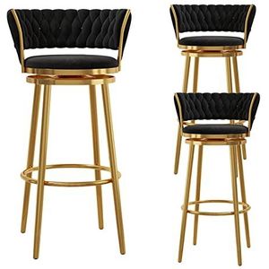 KUENCE Moderne draaibare barkrukken set van 3, fluweel geweven barkrukken met lage rug keuken eiland bar stoel met metalen basis, zwart