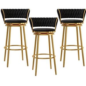 KUENCE Fluwelen ronde barkruk met geweven rugleuning, set van 3 draaibare pub-stoelen, thuis, keuken, barkrukken met voetsteun, zwart