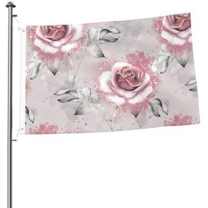 Vlag 2x3FT Outdoor Vlag Tuin Vlaggen Tapestry Hek Banner Vakantie Tuin Feestvlaggen, Roze Bloemen Aquarel Bloemen Rose Grijze Bladeren Splash