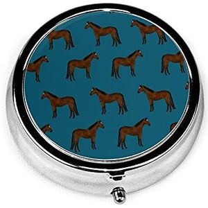Pillendoosje paard in blauwe pillendoos voor portemonnee schattige kleine reis ronde vorm pillen-organizer