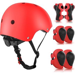 Kniebeschermers voor kinderen met helm, beschermingsmiddelen voor kinderen van 3-10 jaar, inline skates, kinderbeschermingsmiddelen voor inline skates, fietsen, rolschaatsen (rood