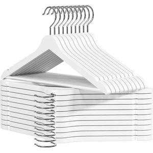 Witte houten kleerhangers met broekstang en rokinkepingen, 360 graden draaibaar, voor overhemden, pakken, broeken, jurken, 20 stuks
