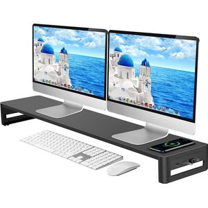 Dual Monitor Stand Riser met Draadloos Opladen en 4 USB 3.0 Hub Aluminium Monitor Stand voor 2 Monitoren Metalen Monitor Stand Ondersteunt tot 32 Inch voor Computer, Laptop - Zwart