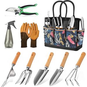 Tuingereedschap: 9-delige tuingereedschapset voor tuinieren met grote tuintas en tuinschaar, ideale tuincadeaus voor dames/mannen, cadeaus voor mama, zwart-oranje