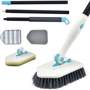 3-in-1 badkamerreinigingsborstel, 51 inch (130 cm) met verstelbare lange steel badborstel, 180° roterende scrubber sponsborstel, voor badkamertegels/toilet/bad (wit)