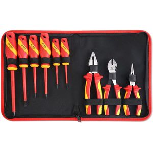 Tangenset, bestaande uit schroevendraaierset, combinatietang, punttang en zijsnijder, 9-delige tangset, 1000 V geïsoleerd, professioneel elektrisch gereedschap set