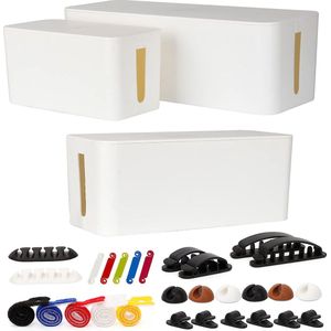 3 stuks witte kabelbox stekkerdoos met 28 kabelklemmen set, kabelverzamelaar opbergdoos voor kabelgeleiding laadkabel ABS kunststof organizer