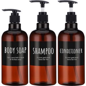 Shampoofles, navulbaar, 3 stuks, 3 stuks shampoodispenser met etiket, lege pompflessen voor lichaamszeep, shampoo, conditioner, douche, bruine plastic persdispenser