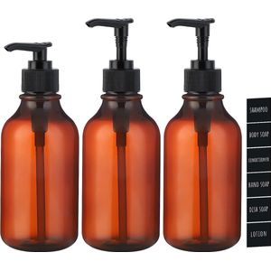 Lotion Dispenser, 3 stuks, 300 ml zeepdispenser met etiketten voor shampoo, vloeibare zeep, douchegel, afwasmiddeldispenser om te vullen, navulbare plastic fles voor keuken en badkamer, barnsteen