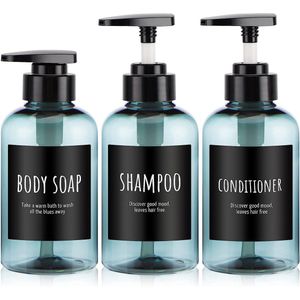 Vloeibare zeepdispenser, navulbaar, 3 stuks, 300 ml doucheflessen voor badkamer, blauwe pompflessen met etiketten, kunststof persfles voor lichaamszeep shampoo conditioner
