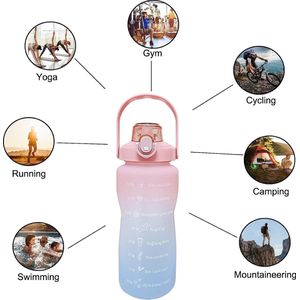 Drinkfles, waterfles, 2 liter, motiverende waterfles met rietje, grote sportwaterfles voor sportschool, fitness, outdoor sport