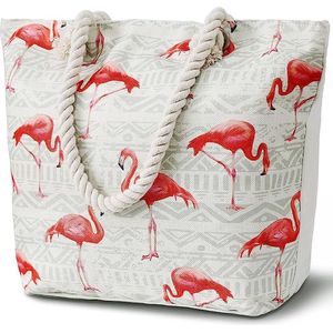 Strandtas XXL voor dames, grote strandtas met ritssluiting, strandtas voor strand, reizen, zwembad, winkelen, flamingo